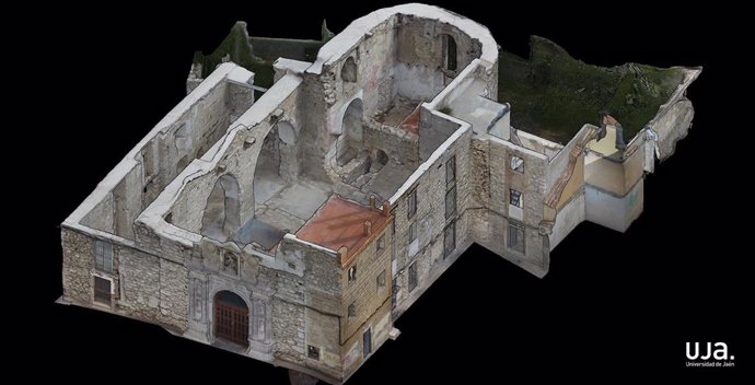 Imagen 3D de la iglesia de San Miguel de Jaén, incluida la trasladada portada