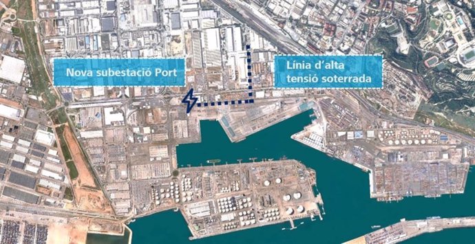 Ubicación de la nueva subestación eléctrica Port y recorrido de la línea de alta tensión que la unirá con la subestación Cerdà de Red Eléctrica.