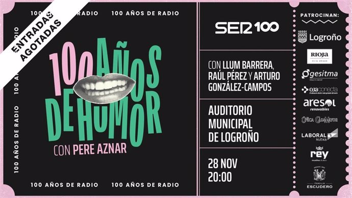 Este jueves 28 de noviembre, la gira '100 años de humor' de la SER llega a Logroño. Un espectáculo en el que Llum Barrera, Arturo González-Campos y Raúl Pérez acompañan a Pere Aznar en un evento que se desarrollará en el Auditorio Municipal de la capital