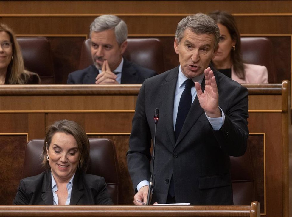 El presidente del PP, Alberto Núñez Feijóo, interviene durante una sesión de control al Gobierno, en el Congreso de los Diputados, a 27 de noviembre de 2024, en Madrid (España). El presidente del Ejecutivo y el presidente del PP, afrontan su primer cara