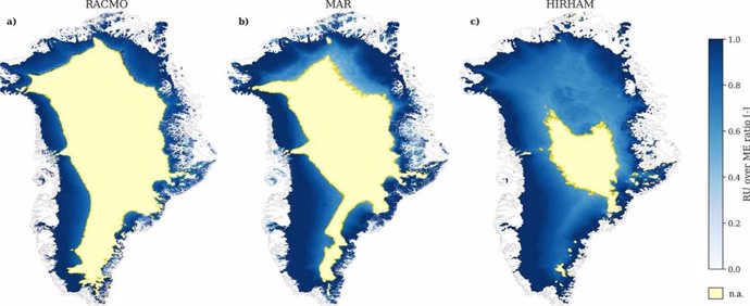 Fracción de agua de deshielo que se escurre del GrIS a finales del siglo (2080-2099), según los modelos (a) RACMO, (b) MAR y (c) HIRHAM.