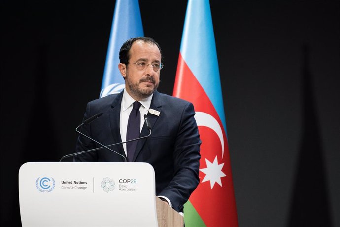 HANDOUT - 12 November 2024, Azerbaijan, Baku: Cyprus' President Nikos Christodoulides speaks during the 2024 United Nations Climate Change Conference COP29 at Baku Stadium. Photo: -/COP29/dpa - ATTENTION: editorial use only and only if the credit mentione