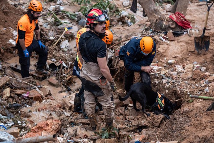 Agentes de los equipos del Servicio de Emergencias buscan víctimas en el lodo, a 3 de noviembre de 2024, en Paiporta, Valencia, Comunidad Valenciana (España). La Generalitat valenciana ha decidido limitar durante la jornada de hoy el tránsito de personas 