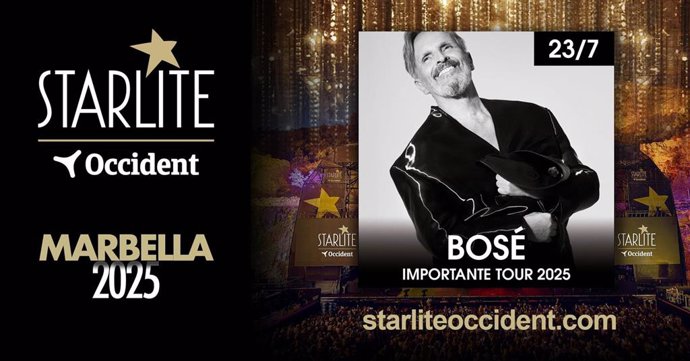 Cartel anunciador de la actuación de Miguel Bosé en Starlite Occident, en Marbella (Málaga), el 23 de julio de 2025.