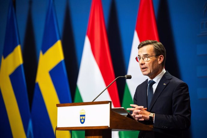 Archivo - 23 February 2024, Hungary, Budapest: Swedish Prime Minister Ulf Kristersson speaks during a press conference with Hungarian Prime Minister Viktor Orban (not in picture) in Budapest. Shortly before Hungary's expected approval of Sweden's accessio