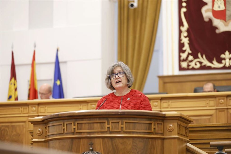 La consejera de Desarrollo Sostenible del Gobierno de Castilla-La Mancha, Mercedes Gómez, desde el estrado de las Cortes