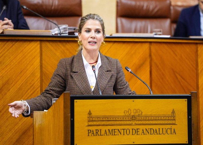 La vicepresidenta primera del Parlamento y diputada del Grupo Popular, Ana Mestre, este jueves en la defensa de la PNL en el Pleno.