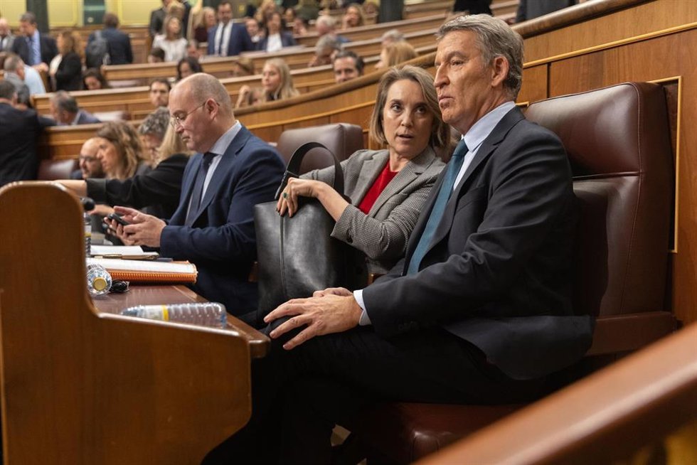 (I-D)El portavoz del PP en el Congreso, Miguel Tellado; la secretaria general del PP, Cuca Gamarra, y el presidente del Partido Popular, Alberto Núñez Feijóo, durante una sesión plenaria en el Congreso de los Diputados, a 12 de noviembre de 2024, en Mad