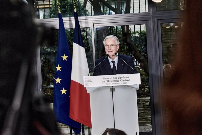 22 November 2024, France, Paris: French Prime Minister Michel Barnier delivers a speech during Clariane University's graduation ceremony. Photo: Antonin Burat/Le Pictorium via ZUMA Press/dpa