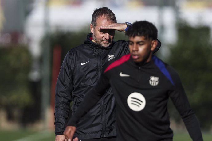 Hansi Flick, head coach during the training day of FC Barcelona ahead the Spanish League, La Liga EA Sports, football match against UD Las Palmas at Ciudad Esportiva Joan Gamper on November 29, 2024 in Sant Joan Despi, Barcelona, Spain.