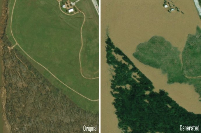 Un modelo de IA generativa visualiza cómo se verían las inundaciones en Texas en imágenes satelitales. La foto original está a la izquierda y la imagen generada por IA está a la derecha.