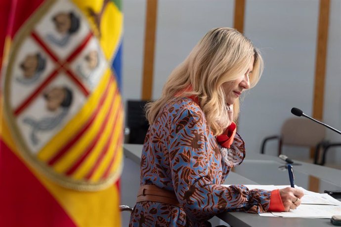 La portavoz del Gobierno de Aragón, Mar Vaquero, en la rueda de prensa posterior al Consejo de Gobierno de este viernes