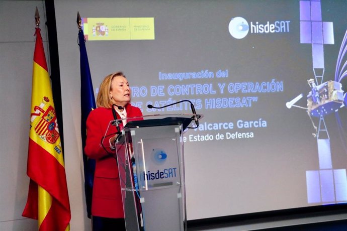 La secretaria de Estado de Defensa, Amparo Valcarce, en la inauguración del Centro de Control de Satélites de Hisdesat, ubicado en Hoyo de Manzanares (Madrid), a 29 de noviembre del 2024