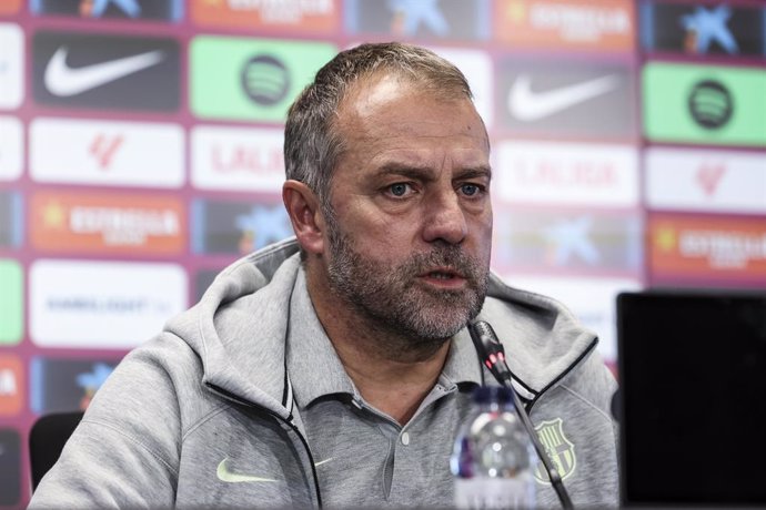 Hansi Flick, head coach of FC Barcelona attends his press conference during the training day of FC Barcelona ahead the Spanish League, La Liga EA Sports, football match against UD Las Palmas at Ciudad Esportiva Joan Gamper on November 29, 2024 in Sant Joa