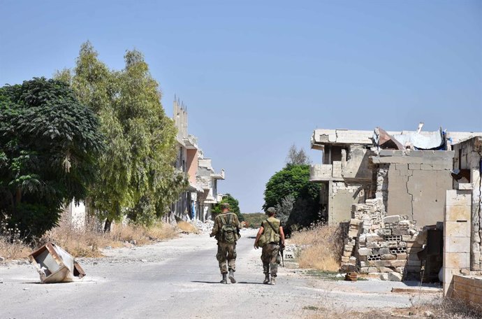 Archivo - DAMASCUS, Aug. 23, 2019  Syrian soldiers are seen in the town of Morek in the northern countryside of Hama province in central Syria on Aug. 23, 2019. The Syrian army on Friday fully secured the entire northern countryside of the central provinc