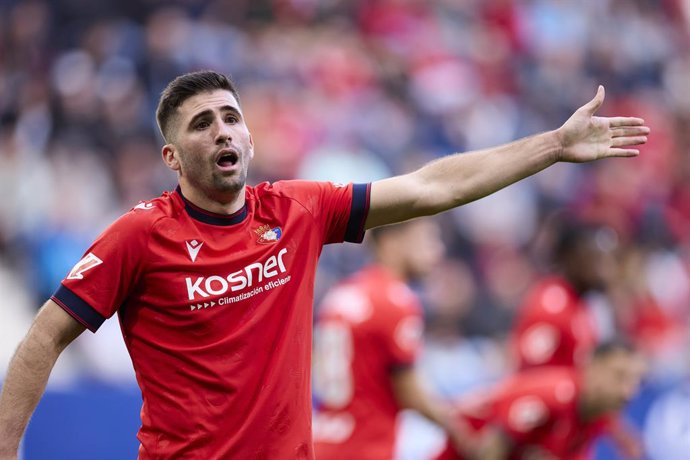 Jesus Areso of CA Osasuna reacts during the LaLiga EA Sports match between CA Osasuna and Villarreal CF at El Sadar on November 24, 2024, in Pamplona, Spain.