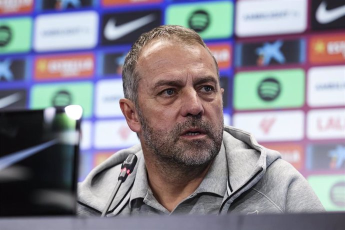 Hansi Flick, head coach of FC Barcelona attends his press conference during the training day of FC Barcelona ahead the Spanish League, La Liga EA Sports, football match against UD Las Palmas at Ciudad Esportiva Joan Gamper on November 29, 2024 in Sant Joa