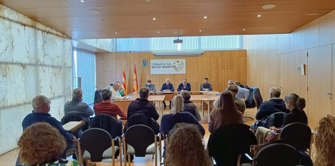 Reunión del director gerente del IAA, Luis Estaún, y de la directora provincial de Sanidad en Teruel, Asunción Navarrete, con erpresentantes institucionales de la comarca del Bajo Martín y con los municipios afectados celebrada este lunes en Híjar, Teruel