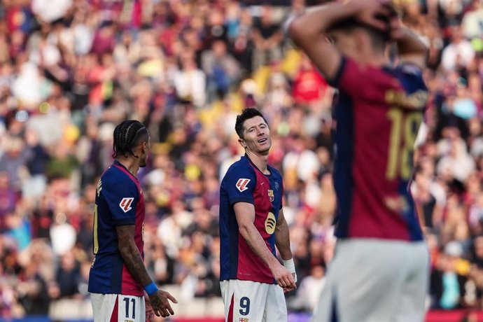 Robert Lewandowski of FC Barcelona gestures during the Spanish league, La Liga EA Sports, football match played between FC Barcelona and UD Las Palmas at Estadio Olimpico de Montjuic on November 30, 2024 in Barcelona, Spain.