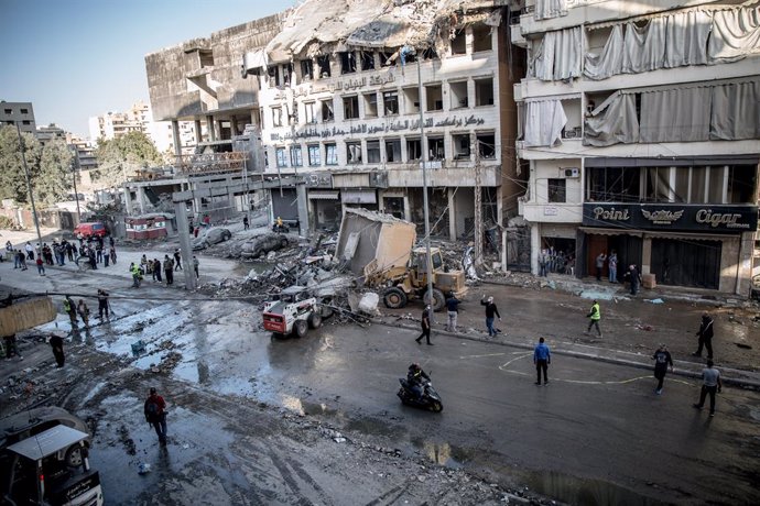 November 23, 2024, Beirut, Lebanon: View of a damaged building following an Israeli airstrike in Chiyah, greater Beirut. An airstrike hit a building which housed businesses including a clothes shop, women's gym, construction company and medical centre. Si