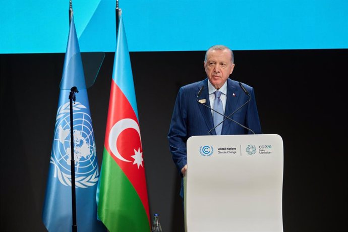 HANDOUT - 12 November 2024, Azerbaijan, Baku: Turkey's President Recep Tayyip Erdogan speaks during the opening of the 2024 United Nations Climate Change Conference COP29. Photo: -/COP29/dpa - ATTENTION: editorial use only and only if the credit mentioned