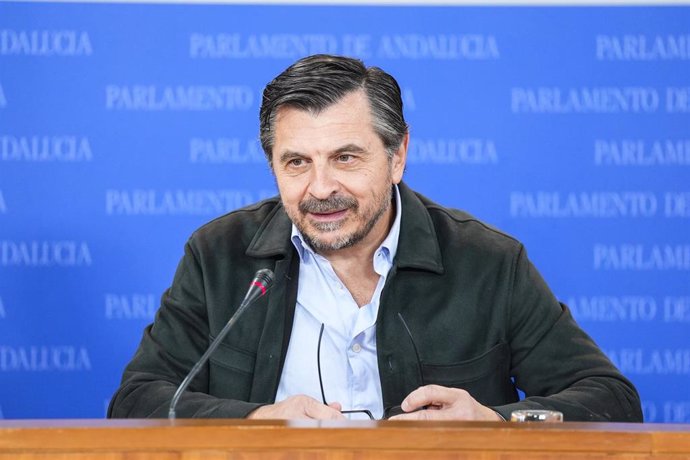 El portavoz del Grupo Popular en el Parlamento de Andalucía, Toni Martín, este martes en rueda de prensa.