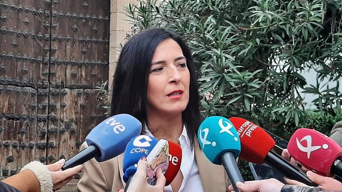 Esther Gutiérrez atiende a los medios tras presentar su precandidatura a la Secretaría general del PSOE de Extremadura