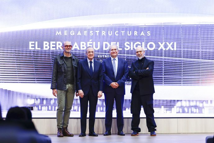 Florentino Perez Rodriguez, President of Real Madrid, Simon Amselem, the CEO of The Walt Disney Company Spain and Portugal, Ivan Bouso, Executive producer of National Geographic and Josep Serra Mateu, Director of the documentary, pose for photo during the
