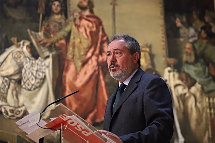 El portavoz del PSOE en el Senado, Juan Espadas, en rueda de prensa.