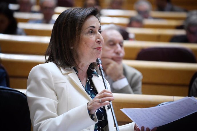 La ministra de Defensa, Margarita Robles, interviene durante una sesión de control al Gobierno en el Senado, a 3 de diciembre de 2024, en Madrid (España).