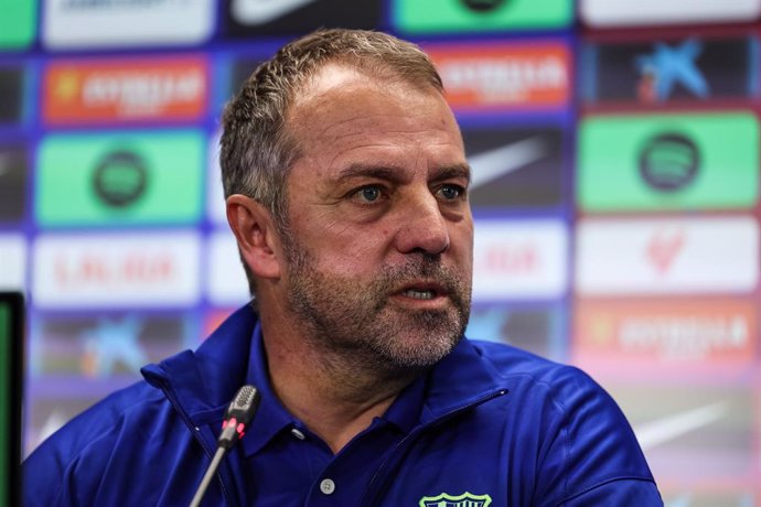 Hansi Flick, head coach of FC Barcelona attends his press conference during the training day of FC Barcelona ahead the Spanish League, La Liga EA Sports, football match against RCD Mallorca at Ciudad Esportiva Joan Gamper on December 02, 2024 in Sant Joan