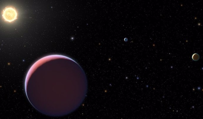 Ilustración del sistema Kepler-51 y sus tres planetas interiores, que tienen una densidad inusualmente baja. Nuevas observaciones del telescopio espacial James Webb sugieren que hay al menos un planeta más en el sistema