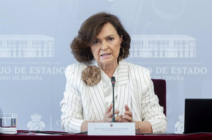 Archivo - La presidenta del Consejo de Estado, Carmen Calvo, durante una rueda de prensa de presentación de la Memoria 2023 del Consejo de Estado, en la sede del Consejo de Estado, a 10 de julio de 2024, en Madrid (España).