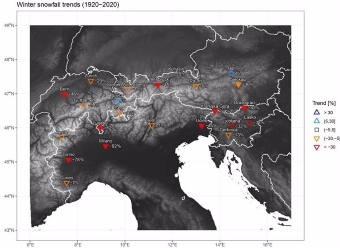 Tendencias de nevadas invernales en los Alpes (1920-2020)