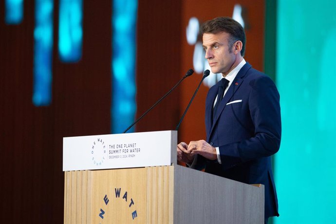 03 December 2024, Saudi Arabia, Riyadh: France's President Emmanuel Macron speaks during the One Water Summit in Riyadh. The summit aims to contribute to the ongoing United Nations discussions and process to enhance global water governance. Photo: -/Saudi