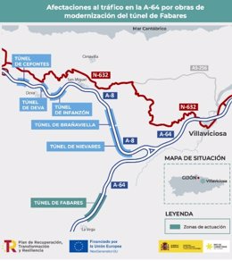 Mapa de afectaciones al tráfico en la autovía A-64 por obras de modernización de los túneles de Fabares, en Villaviciosa.