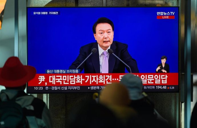 El presidente de Corea del Sur durante un discurso televisado.