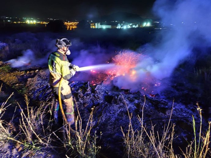 Un bomberos trabaja en la extinción de un incendio originado en una cuneta próxima a una zona forestal en Abarán