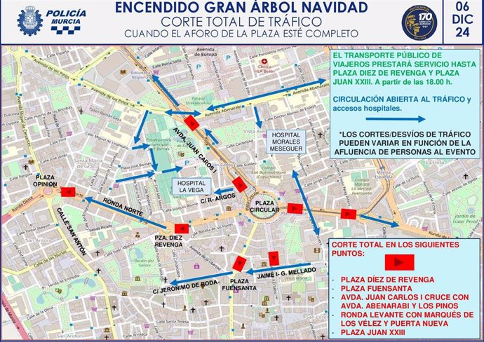 Cortes de tráfico previstos por la Policía Local de Murcia este viernes con motivo del encendido del gran árbol de Navidad