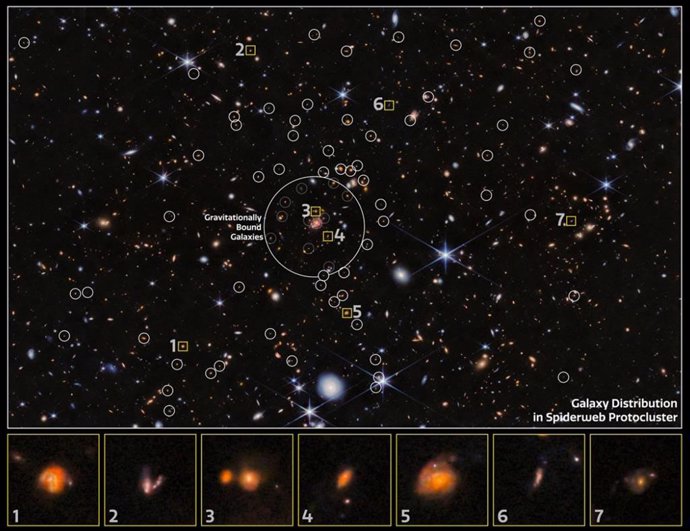 Primer plano de la distribución de galaxias en el protocúmulo de la Telaraña