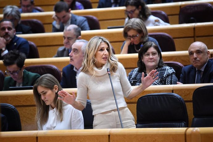 La vicepresidenta segunda y ministra de Trabajo y Economía Social, Yolanda Díaz, interviene durante una sesión de control al Gobierno en el Senado, a 3 de diciembre de 2024, en Madrid (España).