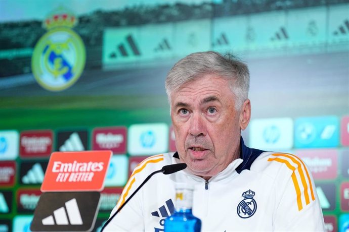 El entrenador italiano del Real Madrid, Carlo Ancelotti, durante una rueda de prensa.