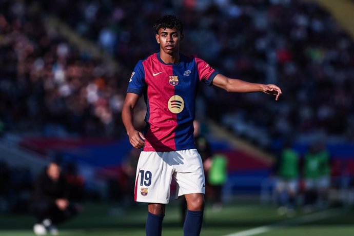 Lamine Yamal of FC Barcelona looks on during the Spanish league, La Liga EA Sports, football match played between FC Barcelona and UD Las Palmas at Estadio Olimpico de Montjuic on November 30, 2024 in Barcelona, Spain.