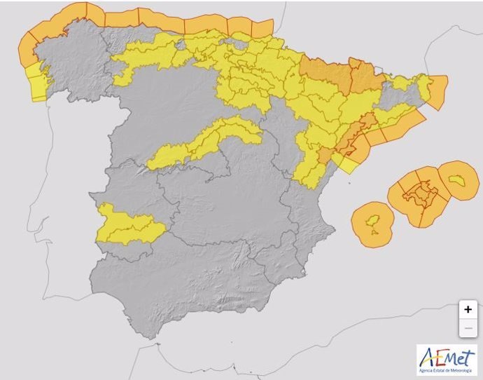 Mapa de avisos por nieve, lluvia, viento y fenómenos costeros para este sábado.