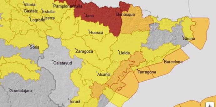 Mapa de previsiones de nieve y viento facilitado por la AEMET para este sábado 7 de diciembre.