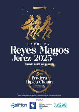 Cartel de la Carrera Solidaria de los Reyes Magos 2025 en Jerez de la Frontera (Cádiz).