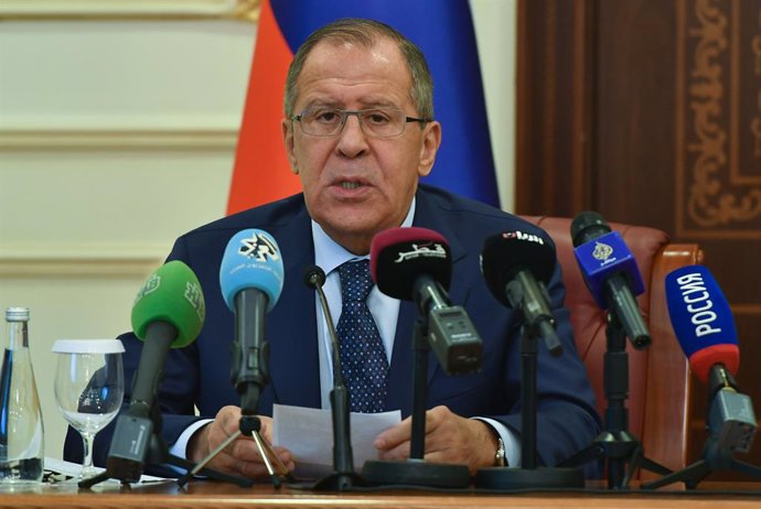 Russian Foreign Minister Sergey Lavrov peaks during a joint press conference with Qatari Foreign Minister Sheikh Mohammed bin Abdulrahman Al-Thani (not pictured) after their meeting at the ministry of foreign affairs in Doha, capital of Qatar , August 30,