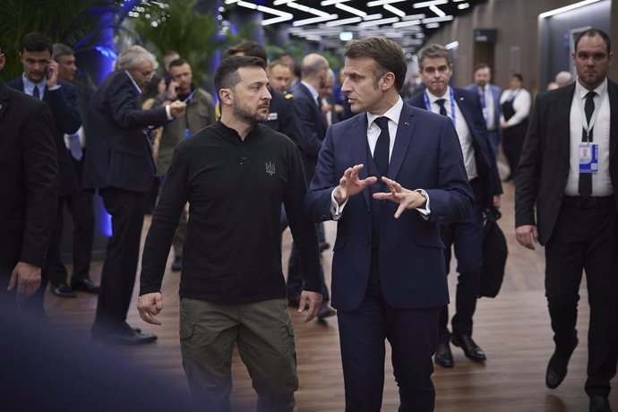 November 7, 2024, Budapest, Hungary: Ukrainian President Volodymyr Zelenskyy, left, walks with French President Emmanuel Macron, right, before a bilateral meeting on the sidelines of the 5th European Political Community Summit, November 7, 2024 in Budapes