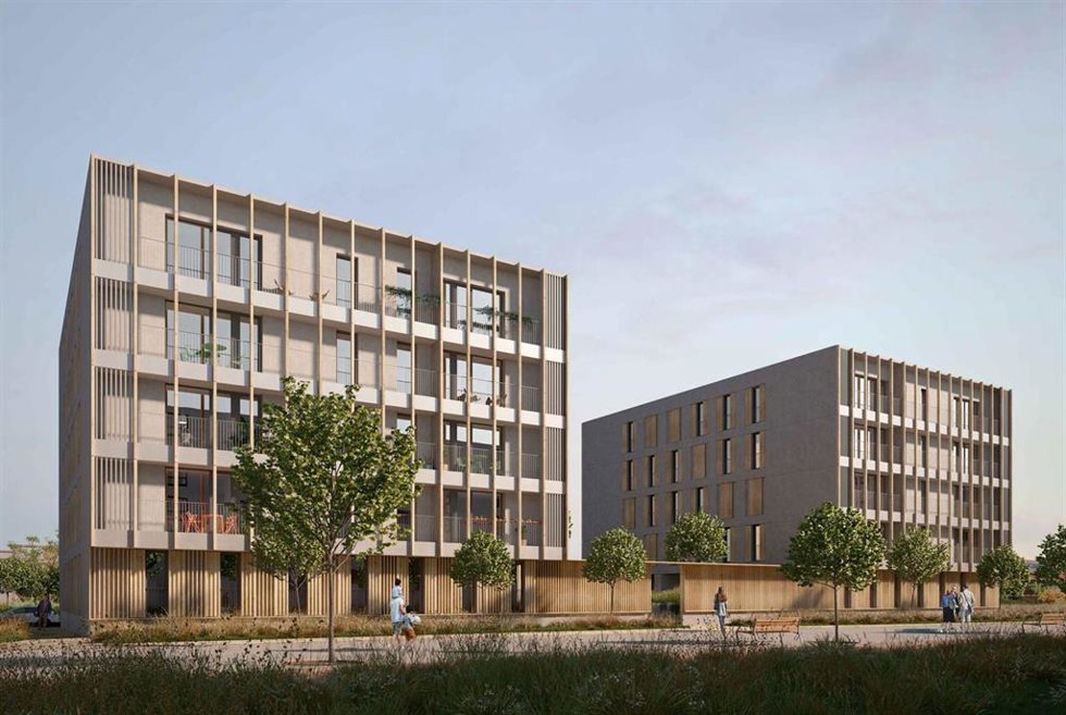 Archivo - Imagen del proyecto de la primera promoción de viviendas públicas construidas íntegramente con sistemas industrializados en madera en Madrid