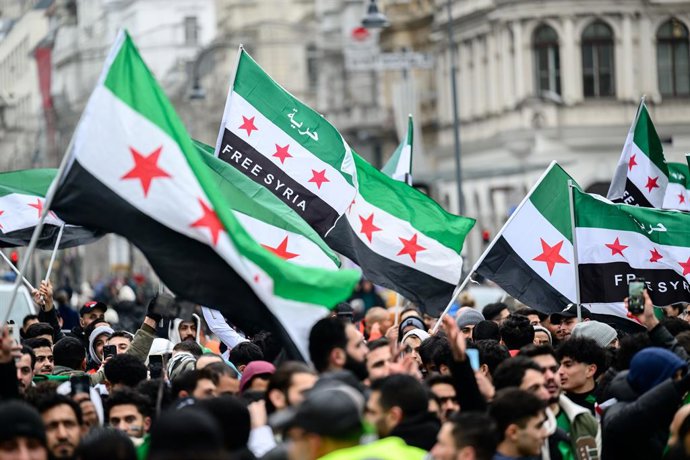 08 December 2024, Austria, Vienna: Syrians wave flags during a demonstration of the association Free Syrians in Austria after insurgents took the capital Damascus, ending the regime of President Bashar al-Assad, who has reportedly fled the country for a